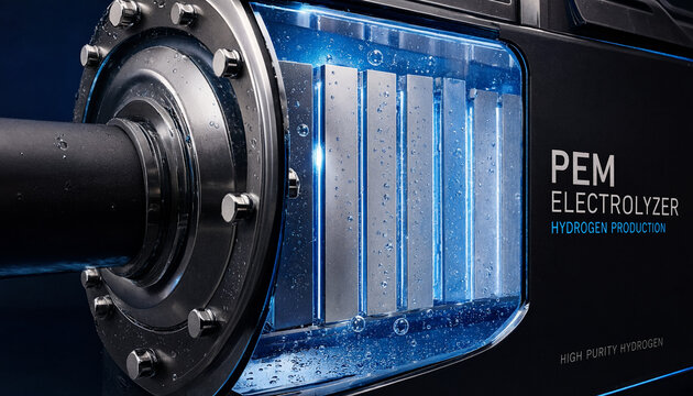 Close Up of PEM Electrolyzer Technology for Green Hydrogen Production and Clean Energy Innovation