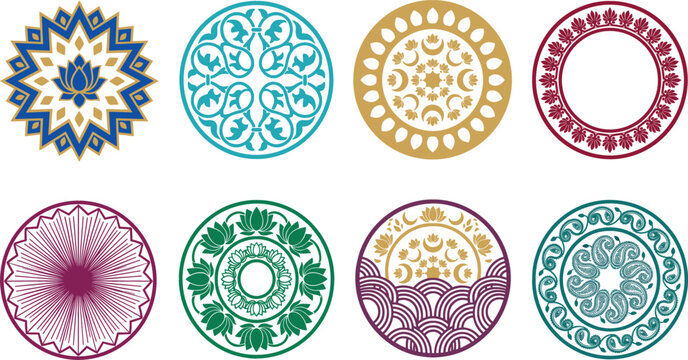 Set of decorative circular mandala ornaments and geometric floral vectors with traditional asian patterns and elegant round frames
