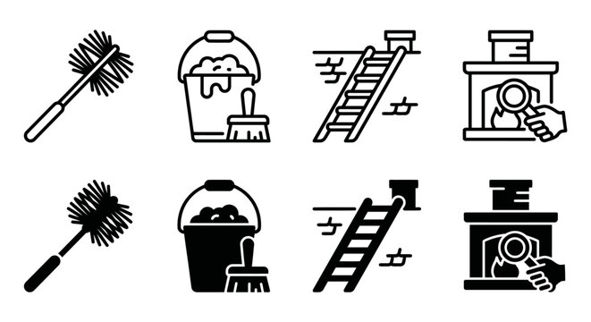 Chimney sweep tools icons - brush, bucket, ladder, fireplace cleaner symbols in black and white