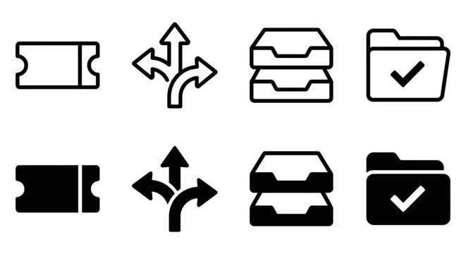 Set of black and white icons: ticket, arrows, binders, folder with checkmark
