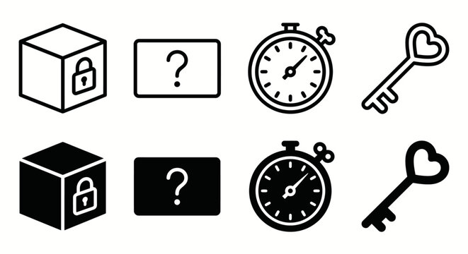 Puzzle icons: mystery box, question mark, stopwatch, heart key symbols