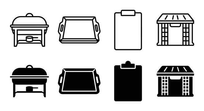 Set of buffet icons: chafing dishes, trays, clipboards, gazebos in black and white