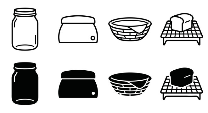 Simple black and white icons of kitchen containers and baking tools