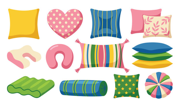 Decorative throw pillow and cushion vector collection. Orthopedic neck pillows, bolster, heart shape, striped patterns, floral prints and bedroom textile elements.
