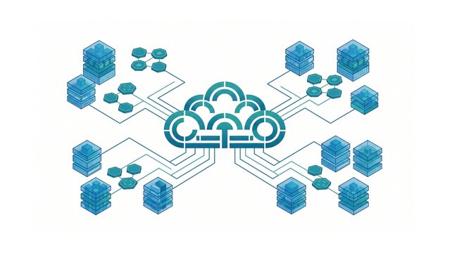 Abstract flat vector illustration of a geometric cloud computing network with floating data cubes and connected nodes on a white background