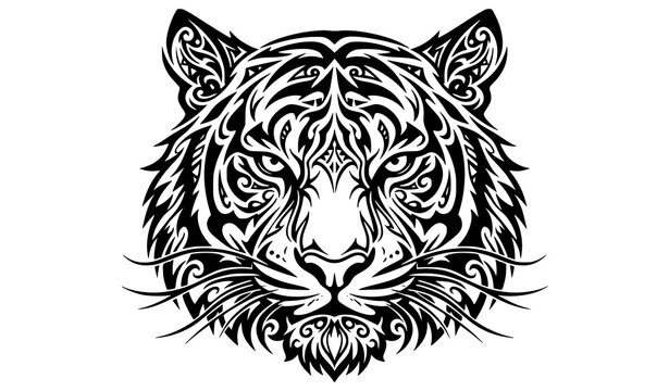 Tribal Tiger Face Vector Illustration Abstract Ethnic Animal Mask Design with Symmetrical Line Art