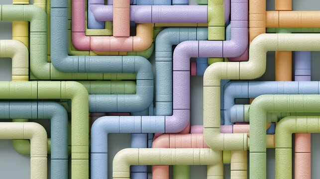 Colorful plastic pipes arranged in a complex pattern on a flat surface