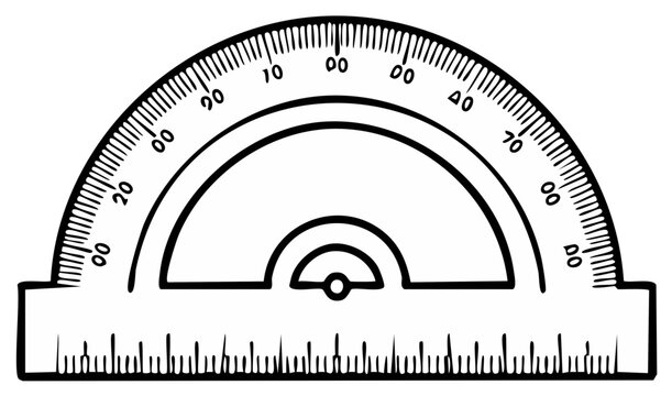 Semicircular geometry protractor with ruler. Basic measuring tool for angles and lines, black and white illustration.