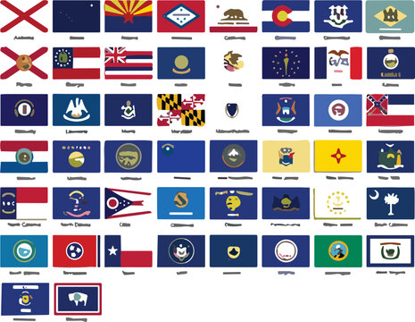 Complete collection of United States official state flags icons set from alabama and california to texas and wyoming vector illustrationComplete collection of United States official state flags icons 