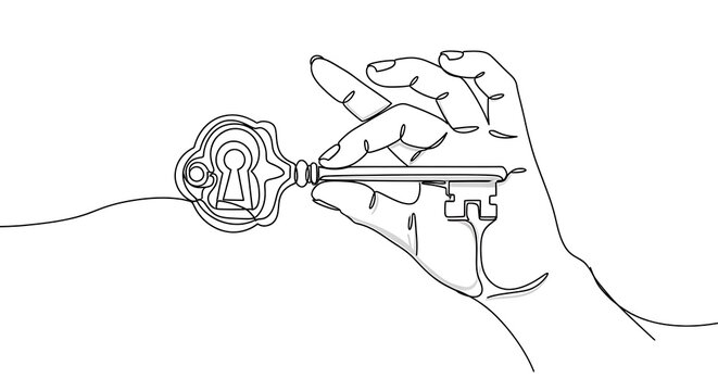 Hand Holding Vintage Key Line Art Illustration for Secret and Access Concept