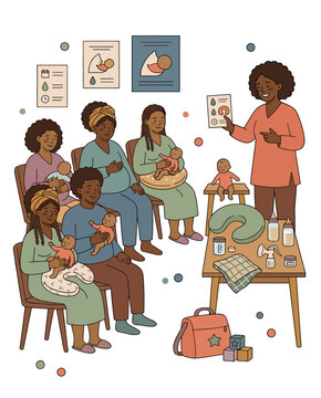 Instructor presenting breastfeeding care to expectant parents with dolls bottles pillow and posters on white background healthcare training concept