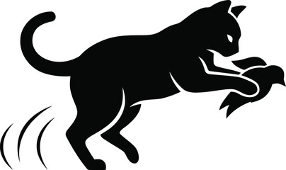 Feral hunting cat catching prey bird silhouette graphic with predator silhouette pouncing © Md Mujahid Fakir