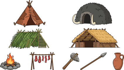 Prehistoric stone age icons set including primitive huts campfire mammoth shelter stone axe spear and clay pot vector illustration isolated on white background (23 words) © MdMehedi