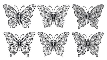 Fototapeta premium Intricate Butterfly Illustrations: Set of 6 Hand-Drawn Designs, Black and White