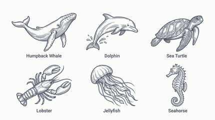 Whale, Dolphin, Turtle, Lobster, Jellyfish, Seahorse - Hand Drawn Ocean Life Collection © Yunan