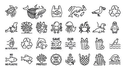 Ocean Pollution Icons: Marine Life and Recycling Symbols © Yunan