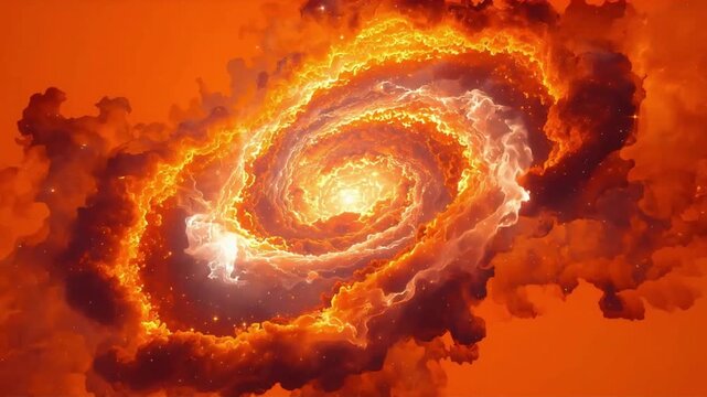 Spiral galaxy motion animation featuring intense glowing orange fire clouds and bright stellar particles in deep space video footage