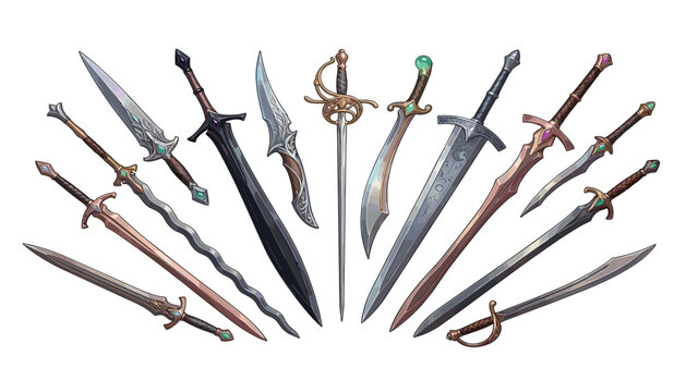 Fantasy sword and dagger weapon icon collection. Medieval blades, wavy flamberge, rapier, scimitar, broadswords, curved knives and magical RPG game asset illustrations.