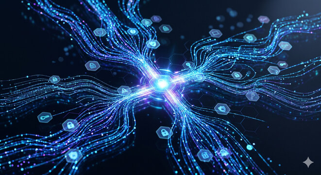 Abstract cybersecurity digital data flow and network connections background.