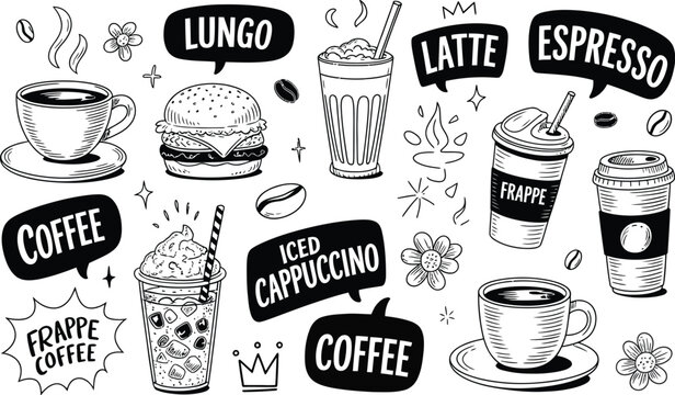 Coffee drinks, doodle vector set, hand drawn cafe icons featuring espresso latte iced coffee frappe cups and decorative speech bubbles for beverage graphics.