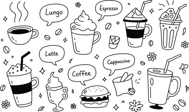 Coffee, drinks doodle vector set, hand drawn espresso latte frappe iced coffee and cafe elements with speech bubbles for menu and branding design.