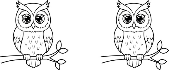 Fototapeta premium A black and white illustration of two cute cartoon owls perched on a branch with leaves