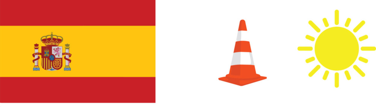 National flag of Spain with orange traffic construction cone and bright yellow summer sun icon vector illustration setNational flag of Spain with orange traffic construction cone and bright yellow sum
