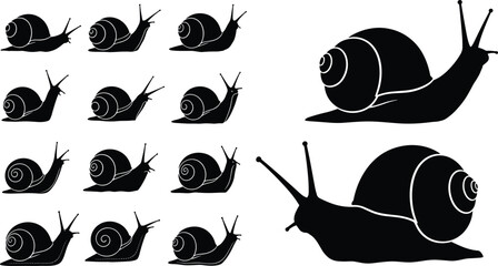 Cad drawing flat vector illustration of snail silhouettes with spiral shells in various poses isolated on white background  © RIPON