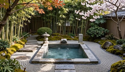 Obraz premium Tranquil Garden Pond with Water Feature in Japanese Zen Courtyard Setting