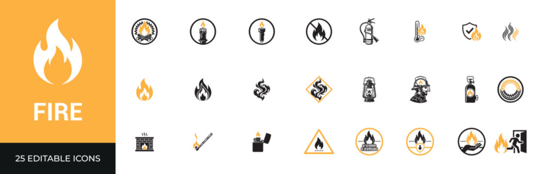 Collection of 25 editable fire icons in various styles and symbols