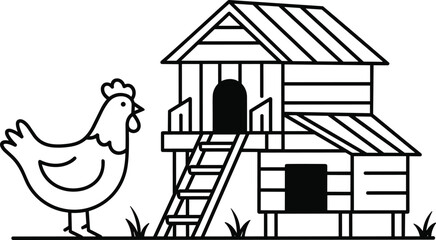 Chicken coop line art illustration, farm hen standing near wooden poultry house, rural agriculture outline design for coloring and education © RIPON