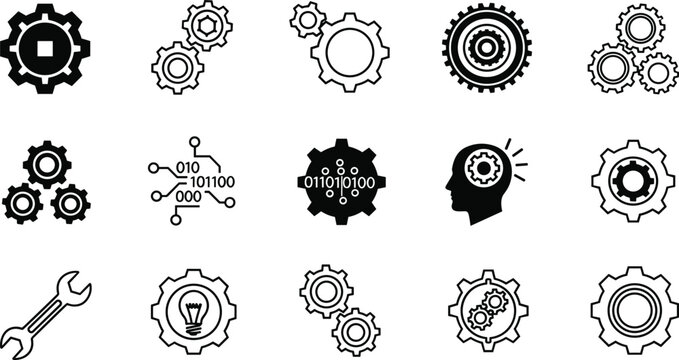 Mechanical gear cog settings and artificial intelligence technology development icons set bundle with generative AI technology