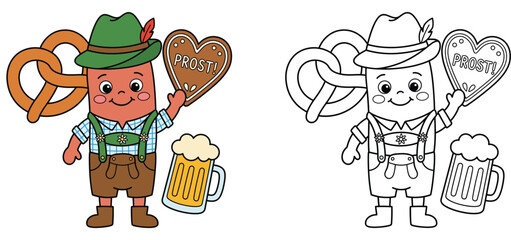 Fototapeta premium Cute German Oktoberfest sausage cartoon character wearing Lederhosen with pretzel, beer mug, and gingerbread heart, colored and black and white coloring page vector template