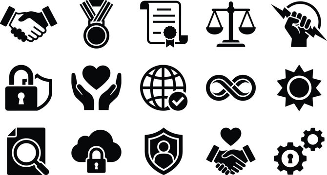 Business ethics compliance core values and security silhouette icons set bundle created with generative AI technology