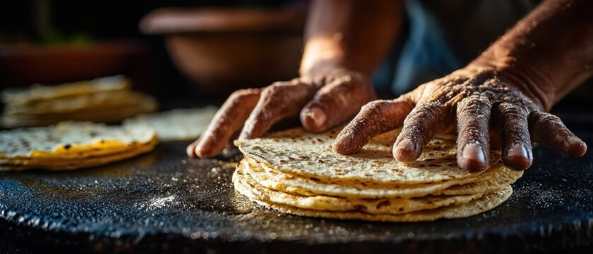Hands pressing fresh corn tortillas on a comal in a Mexican kitchen