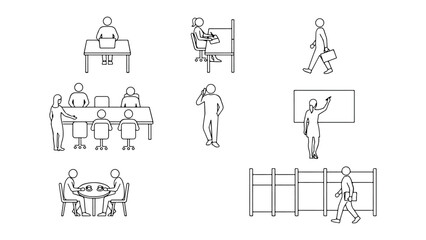 Naklejka premium Office workplace line icons depicting corporate employees working at desks attending meetings and using technology for modern business environment design.