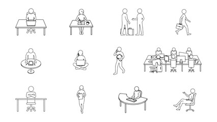 Fototapeta premium Business people line art set showing diverse workspace activities like laptop use phone calls and sitting at desks for company website interface design.