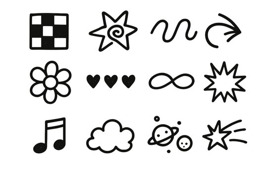 90s Icon Doodles. 90s margin scribbles. Line outline icon set of 90s margin scribbles: checkerboard block,