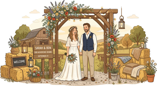 Rustic country barn wedding ceremony couple under wooden arch with hay bales autumn backdrop vector illustration