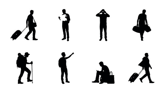 Pack of black traveler silhouettes showing people hiking pointing maps using cameras sitting on luggage and walking with suitcases for travel themes.