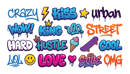 Urban graffiti text sticker collection. Colorful street art lettering, spray paint drips, skateboard, crown, stars and hip hop culture vector illustrations. © Mahamuda Studio 