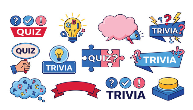 Quiz and trivia banner sticker template set. Lightbulb idea icons, question marks, buzzer buttons, puzzle pieces and speech bubble game vector illustrations.
