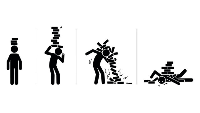 Progression of stack of bricks falling on person sequence icon set representing concept of mental workload burnout stress and physical fatigue failure stages.