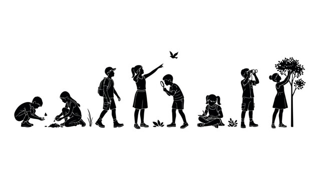 Children silhouettes exploring nature and observing wildlife together on transparent background outdoor educational fun learning activity.