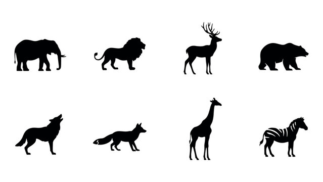 Collection of wild animal silhouettes including elephant lion deer bear wolf fox giraffe and zebra on transparent background zoo safari.