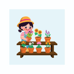 Fototapeta premium Cute Cartoon Girl in Straw Hat Tending Potted Flowers on Shelf