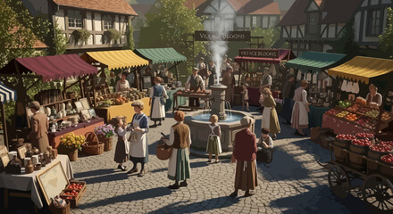 Obraz premium Medieval Village Marketplace Scene with People and Stalls