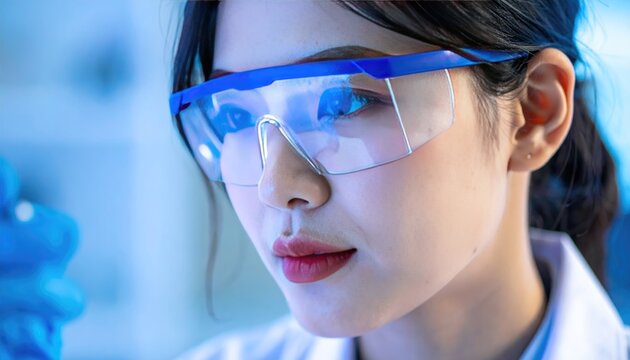 Scientist in glasses analyzing futuristic technology screen reflection
