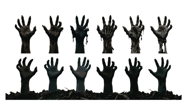 Zombie hand reaching from grave collection. Creepy rotting arms, dirt mounds, decaying fingers, undead silhouettes and spooky Halloween vector graphics.