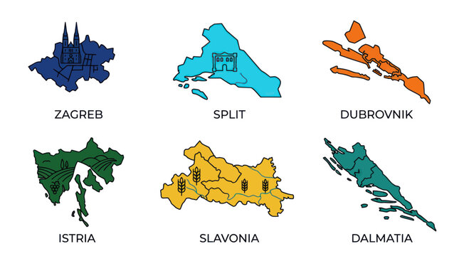 Croatia Map Icons: Zagreb, Split, Dubrovnik, Istria, Slavonia, Dalmatia